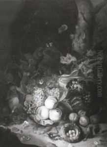 Still Life Of Peaches, And Other Fruit, A Bird's Nest And Insects by Rachel Ruysch