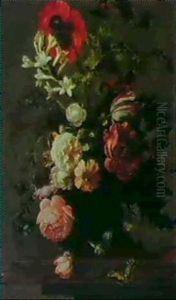 Still Life Of Flowers In A Vase On A Ledge by Rachel Ruysch
