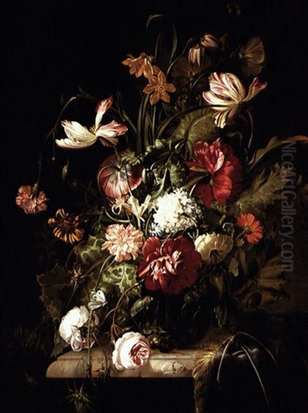 Still Life Of Flowers Including Roses, Carnations And Peonies In A Glass Vase Standing On A Marble Ledge - view 1