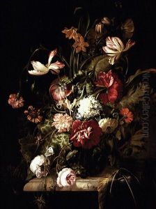 Still Life Of Flowers Including Roses, Carnations And       Peonies In A Glass Vase Standing On A Marble Ledge by Rachel Ruysch