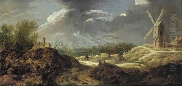 A Dune Landscape With Figures Resting On A Sandy Path, A Windmill To The Right - view 1