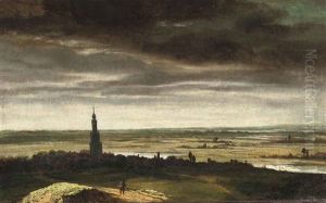 A River Landscape With A View Of A Dutch Town by Johannes Ruyscher