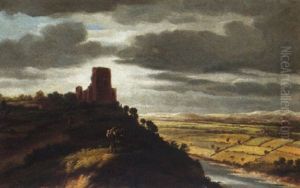 A Landscape With A Castle On A Hill Above A River, Beneath Stormy Skies by Johannes Ruyscher