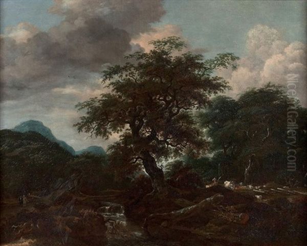 Promeneurs Et Vaches Dans Un Paysage Montagneux - view 1