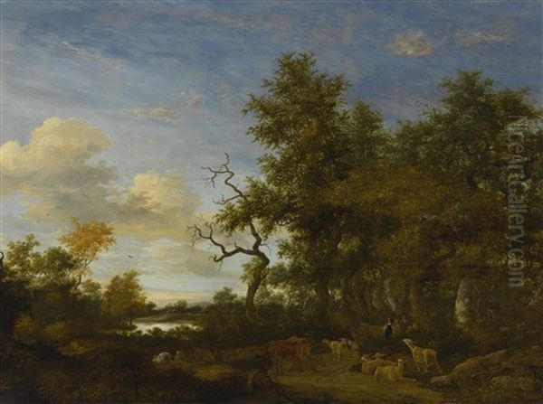 A Wooded Landscape With Shepherds And Their Flock Of Cattle And Sheep - view 1