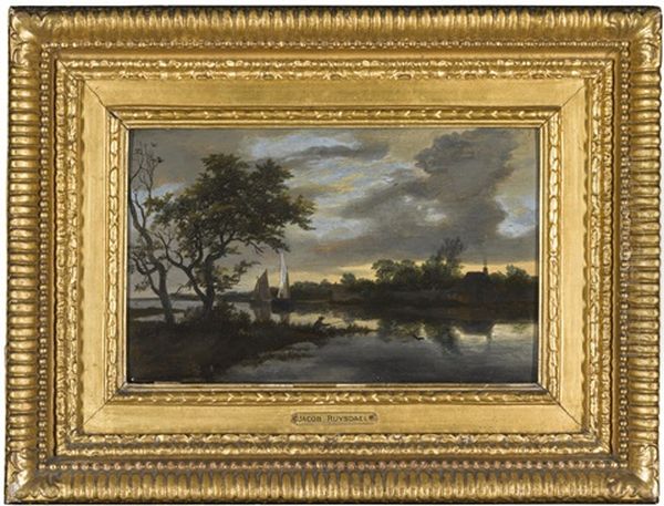 A River Landscape At Dusk With A Fisherman On A Bank In The Foreground - view 1