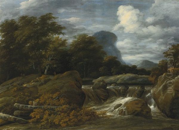 A Wooded Landscape With A Waterfall - view 1