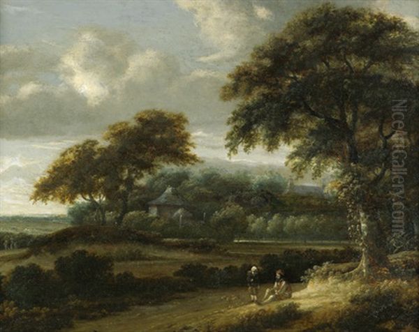 Baumbestandene Landschaft Mit Rastenden Wanderern Und Hund - view 1