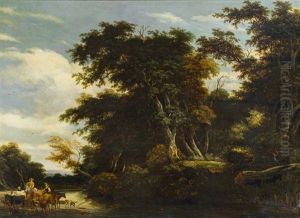 Waldlandschaft Mit Viehherde An Einem Fluss Waldlandschaft Mit Viehherde An Einem Fluss