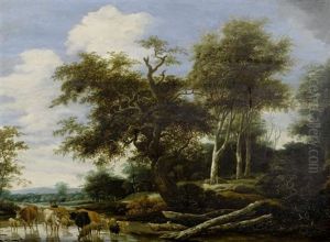 Waldlandschaft Mit Hirte Und Tieren An Einer Furt