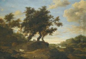 Herders On Lightly Wooded Raised Ground Overlooking An Expansive River Landscape by Jacob Salomonsz van Ruysdael