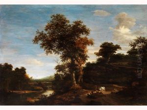 Baumlandschaft Mit Am Ufer Schlafenden Hirten, Neben Kuhen Und Ziegen by Jacob Salomonsz van Ruysdael