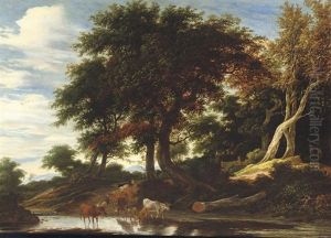 Cattle Fording A Stream In A Wooded Landscape Cattle Fording A Stream In A Wooded Landscape