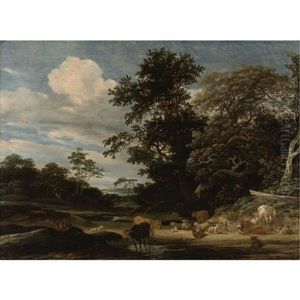 Wooded Landscape With Herd Animals Resting By A Pond by Jacob Salomonsz van Ruysdael