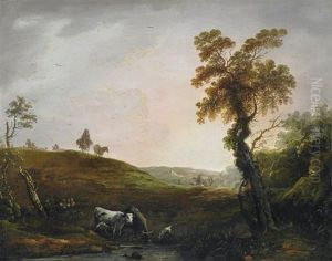 Sonnenaufgang Uber Hugellandschaft. Im Vordergrund Hirten Mit Ihren Tieren