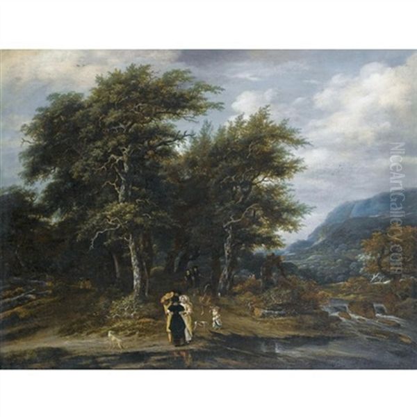A Wooded Landscape With An Elegant Family And Their Hounds Beside A River - view 1