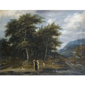 A Wooded Landscape With An Elegant Family And Their Hounds Beside A River by Jacob Salomonsz van Ruysdael