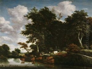 Grose Waldlandschaft Am Wasser. Am Ufer Eine Kuhherde Grose Waldlandschaft Am Wasser. Am Ufer Eine Kuhherde