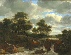 A Wooded River Landscape With A Waterfall by Jacob Salomonsz van Ruysdael