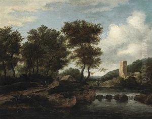 A River Landscape With Figures On A Path