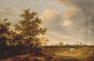 A Wooded Landscape With Cattle, A Church Beyond