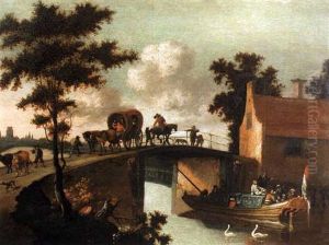 Travellers On A Bridge With A Barge Passing By On A River Travellers On A Bridge With A Barge Passing By On A River