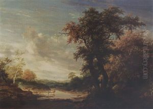 A Wooded Landscape With A Shepherd Watering His Herd In A Wallow by Jacob Salomonsz van Ruysdael
