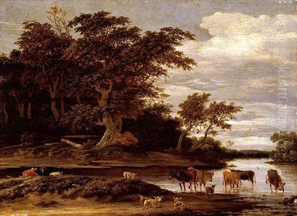 Cattle, Sheep And Two Peasants With A Dog In A Wooded River Landscape - view 1