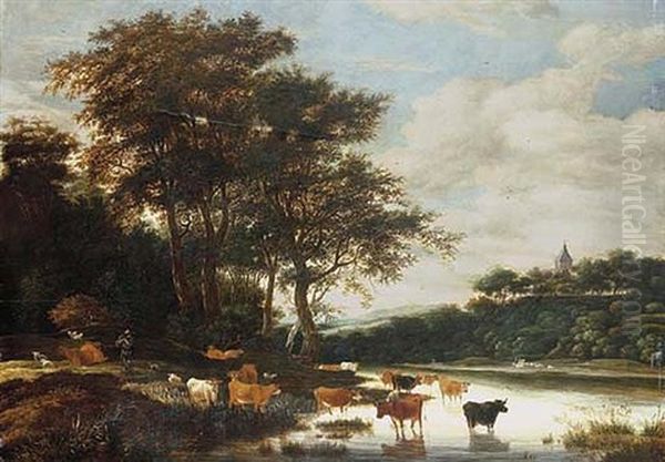 A Wooded Landscape With Cattle Watering - view 1