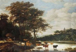 A Wooded Landscape With Cattle Watering by Jacob Salomonsz van Ruysdael
