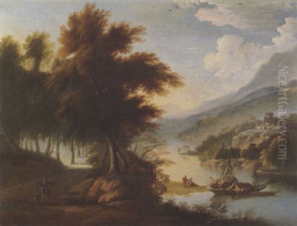 Flusslandschaft Mit Wald Und Jager - view 1