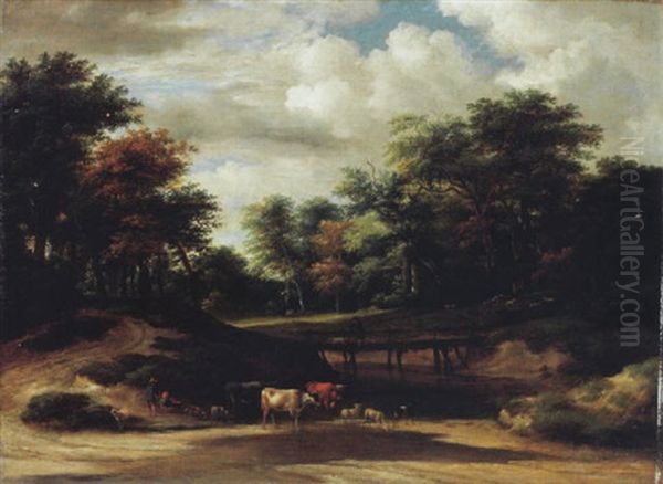 Waldweg Mit Vieh Und Hirten An Einem Teich - view 1