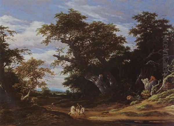A Wooded Landscape With A Horseman With Another Horse On A Path Together With A Boy - view 1