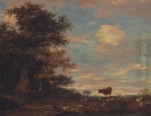 A Shepherd And His Dog Resting In A Wooded Landscape, Cattle And Sheep Nearby by Jacob Salomonsz van Ruysdael