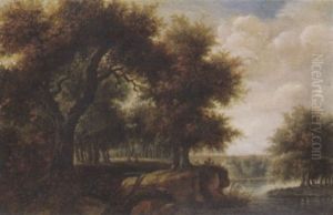 Waldlandschaft Mit Zwei Wanderern Beim Fluss Waldlandschaft Mit Zwei Wanderern Beim Fluss