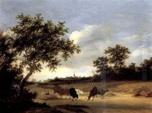 A Wooded Landscape With Cattle Grazing On A Path, A Church Spire Beyond by Jacob Salomonsz van Ruysdael