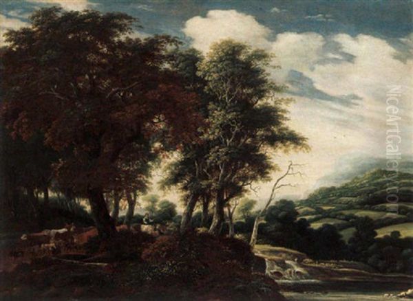 A Wooded Landscape With Shepherds Driving Their Cattle - view 1