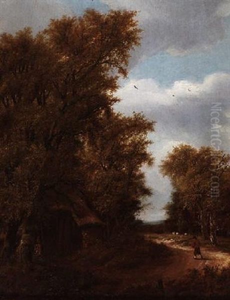 Sommerliche Waldlandschaft Mit Bauernkate Und Hirte An Wegbiegung - view 1