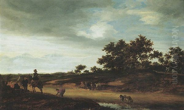 An Open Landscape With Figures Resting By The Roadside With Two Hunting Dogs Drinking Before A Pool Of Water - view 1