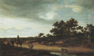 An Open Landscape With Figures Resting By The Roadside With Two Hunting Dogs Drinking Before A Pool Of Water by Jacob Salomonsz van Ruysdael
