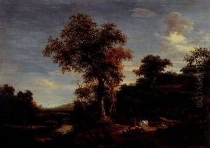 A Wooded River Landscape With A Cowherd And His Livestock Resting By A Path, A Waterfall Beyond A Wooded River Landscape With A Cowherd And His Livestock Resting By A Path, A Waterfall Beyond