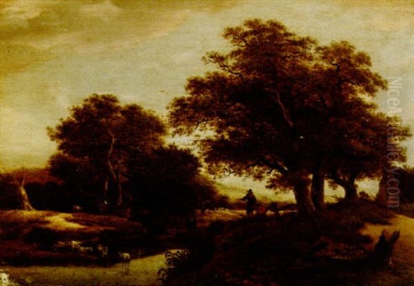 A Wooded Landscape With Shepherds And Their Cattle Near A Stream - view 1