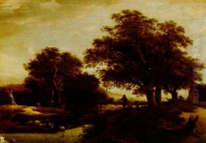 A Wooded Landscape With Shepherds And Their Cattle Near A Stream by Jacob Salomonsz van Ruysdael