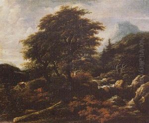 A Mountainous Landscape With A Torrent And Cattle In A Meadow