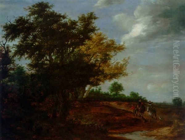 A Wooded Landscape With Travellers And A Beggar On A Path, Haarlem In The Distance by Jacob Salomonsz van Ruysdael