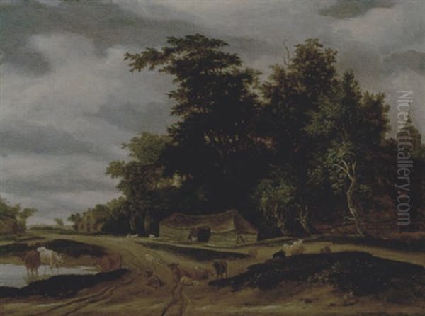 Cattle And Sheep On A Wooded Path, A Barn Beyond - view 1