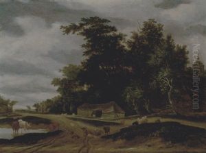 Cattle And Sheep On A Wooded Path, A Barn Beyond