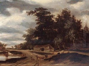 Cows And Sheep On A Wooded Path, A Barn Beyond by Jacob Salomonsz van Ruysdael