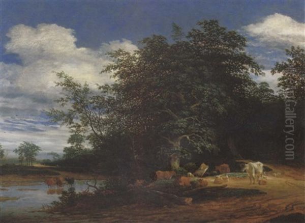 An Extensive Wooded River Landscape With Cattle And Sheep, A Drover And Other Figures Beyond - view 1
