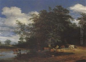 An Extensive Wooded River Landscape With Cattle And Sheep, A Drover And Other Figures Beyond by Jacob Salomonsz van Ruysdael